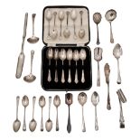 Sets of silver coffee spoons, a modern marrow scoop, other silver