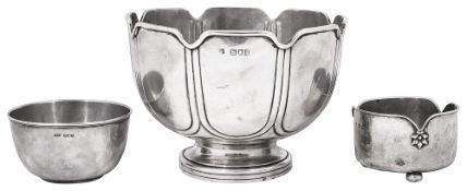 A George V silver rose bowl and two sugar basins