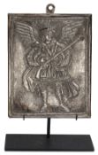 A silver repousse relief panel of an Arquebusier Angel