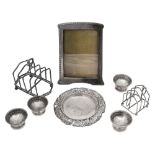 A set of four Victorian pedestal salts and other later silver