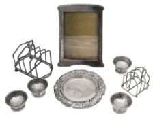 A set of four Victorian pedestal salts and other later silver