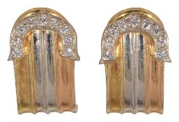 A pair of two coloured and diamond-set ear clips