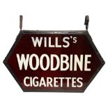 A WOODBINE CIGARETTES double sided metal framed glass hanging sign