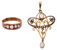 An Art Nouveau opal and half pearl pendant