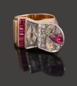 A French Art Deco diamond and ruby ring