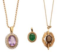 Three gem-set pendants and two chain necklaces: