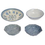 Four French blue and white pottery bowls and a copper roasting tin