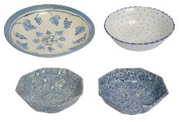 Four French blue and white pottery bowls and a copper roasting tin