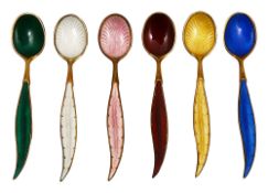 A set of six silver-gilt and enamel coffee spoons