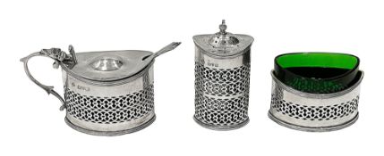 A George V silver three piece cruet set