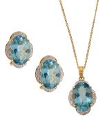 A blue topaz and diamond-set pendant and earrings
