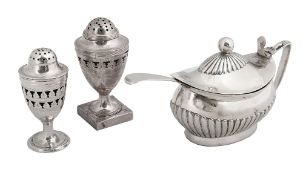Two George III silver pepper pots and a mustard pot/spoon
