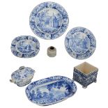 19th century blue and white transfer decorated china and glass