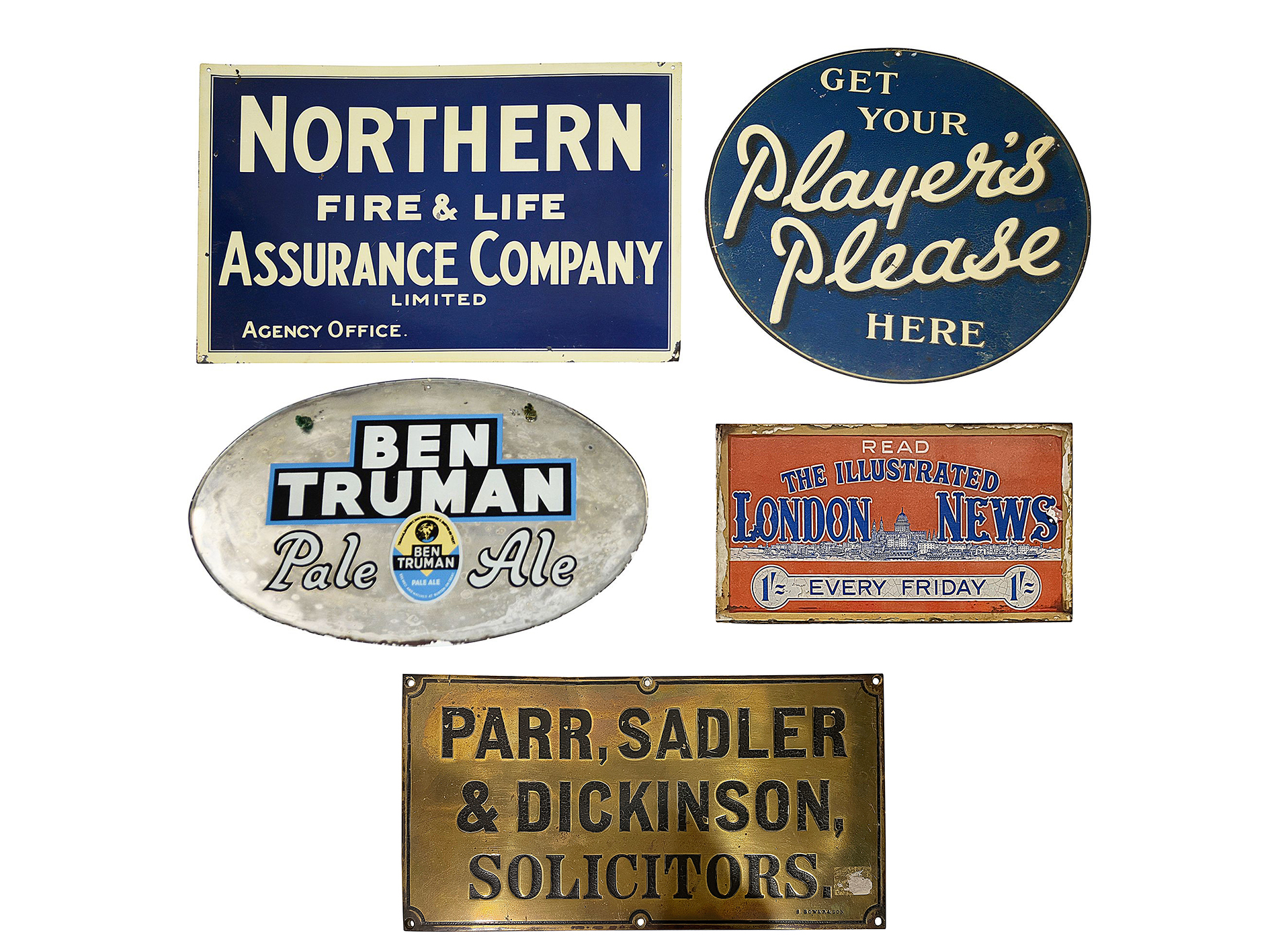 Four advertising signs and a brass name plate (5)
