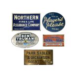 Four advertising signs and a brass name plate (5)