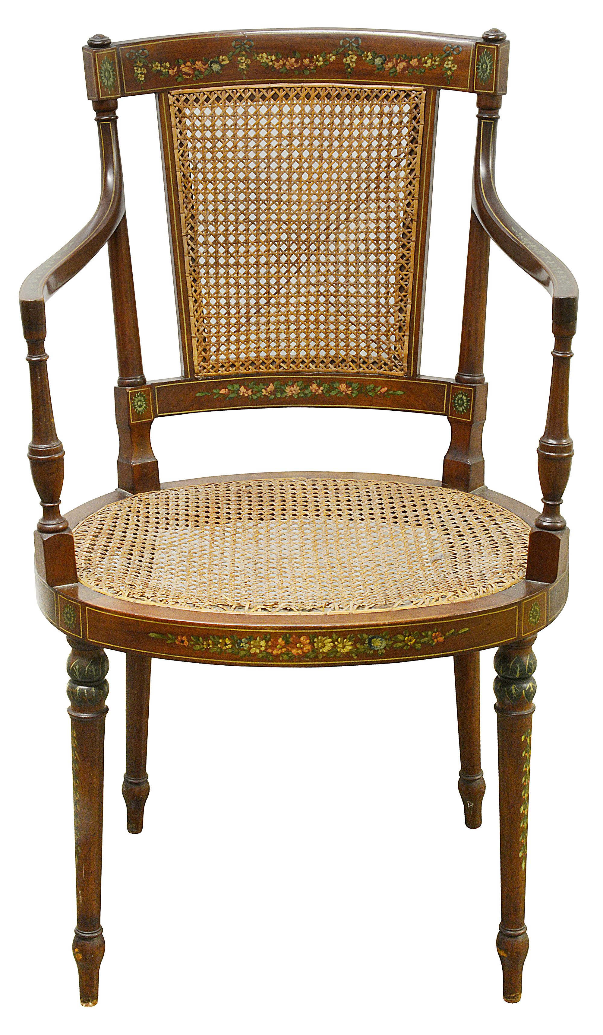 A mid 19th century painted mahogany armchair, in the Sheraton style