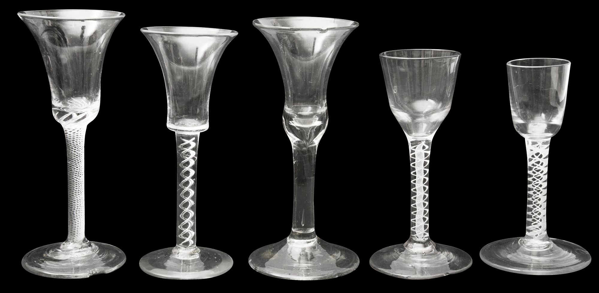 Five 18th century wine and cordial glasses