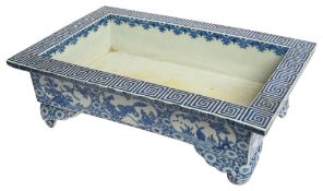 A large blue and white porcelain rectangular jardiniere