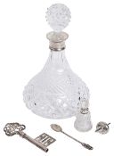 A modern silver mounted glass decanter and other items
