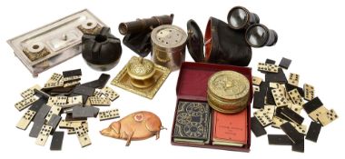A set of opera glasses and group of desk and games items