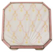 An Elizabeth II silver and pink guilloche enamel powder compact