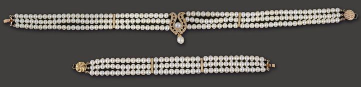 A cultured pearl and diamond-set choker, and a bracelet