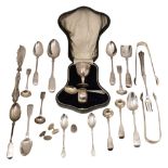 A silver christening set, sugar tongs and other silver