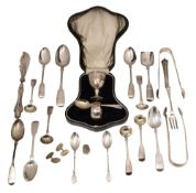 A silver christening set, sugar tongs and other silver