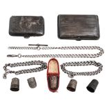 Two silver cigarette cases, assorted silver silver thimbles and chains