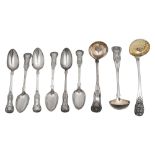 Kings pattern toddy ladles, teaspoons and sifter spoon