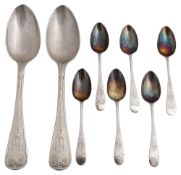 A pair of silver tablespoons and a set of six teaspoons