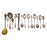 Silver sugar tong and assorted coffee spoons, other silver spoons