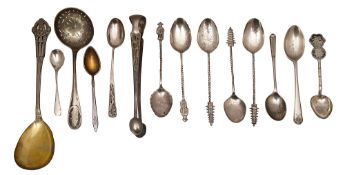 Silver sugar tong and assorted coffee spoons, other silver spoons