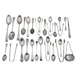 Assorted silver spoons and sugars tongs and other silver