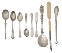 A Continental silver figural top spoon and other items