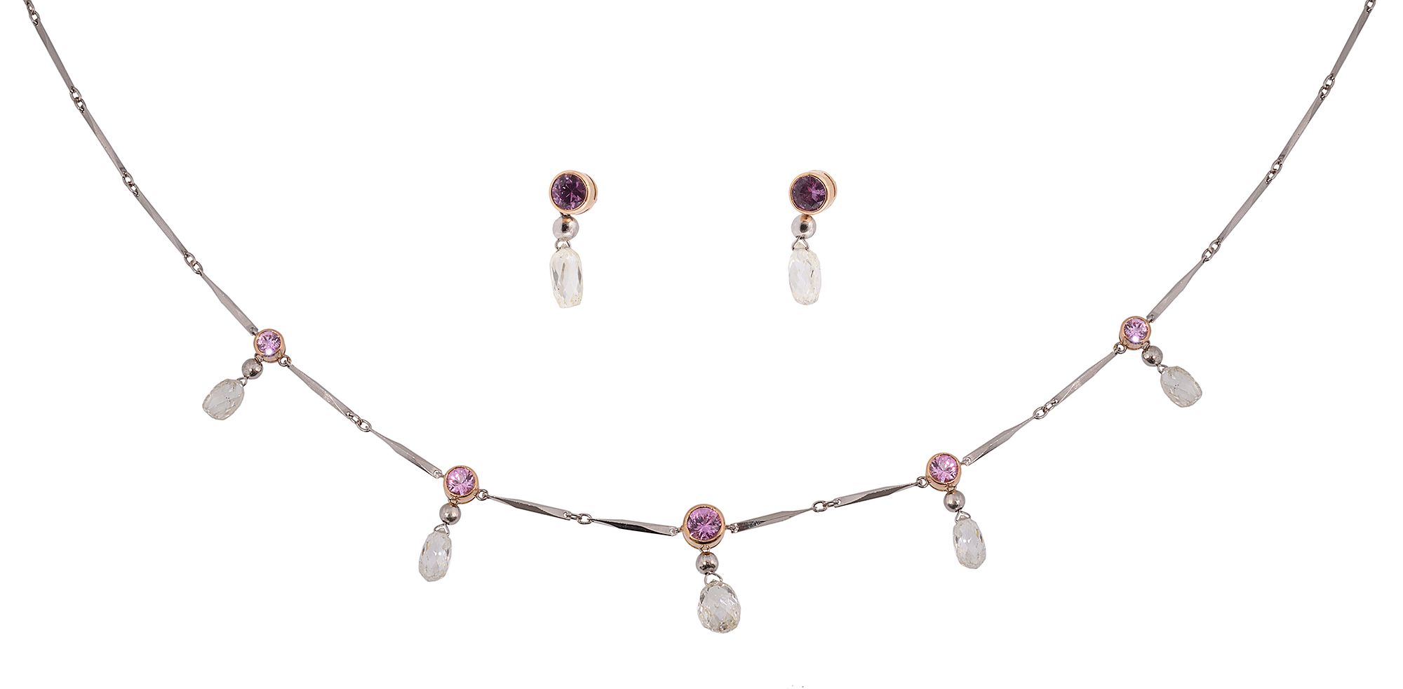 A diamond and pink sapphire necklace; a pair of matching earrings (2)