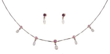 A diamond and pink sapphire necklace; a pair of matching earrings (2)