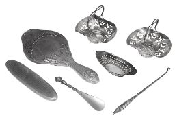 Silver pr baskets, small basket, mirror, brush, hook, small shoe horn