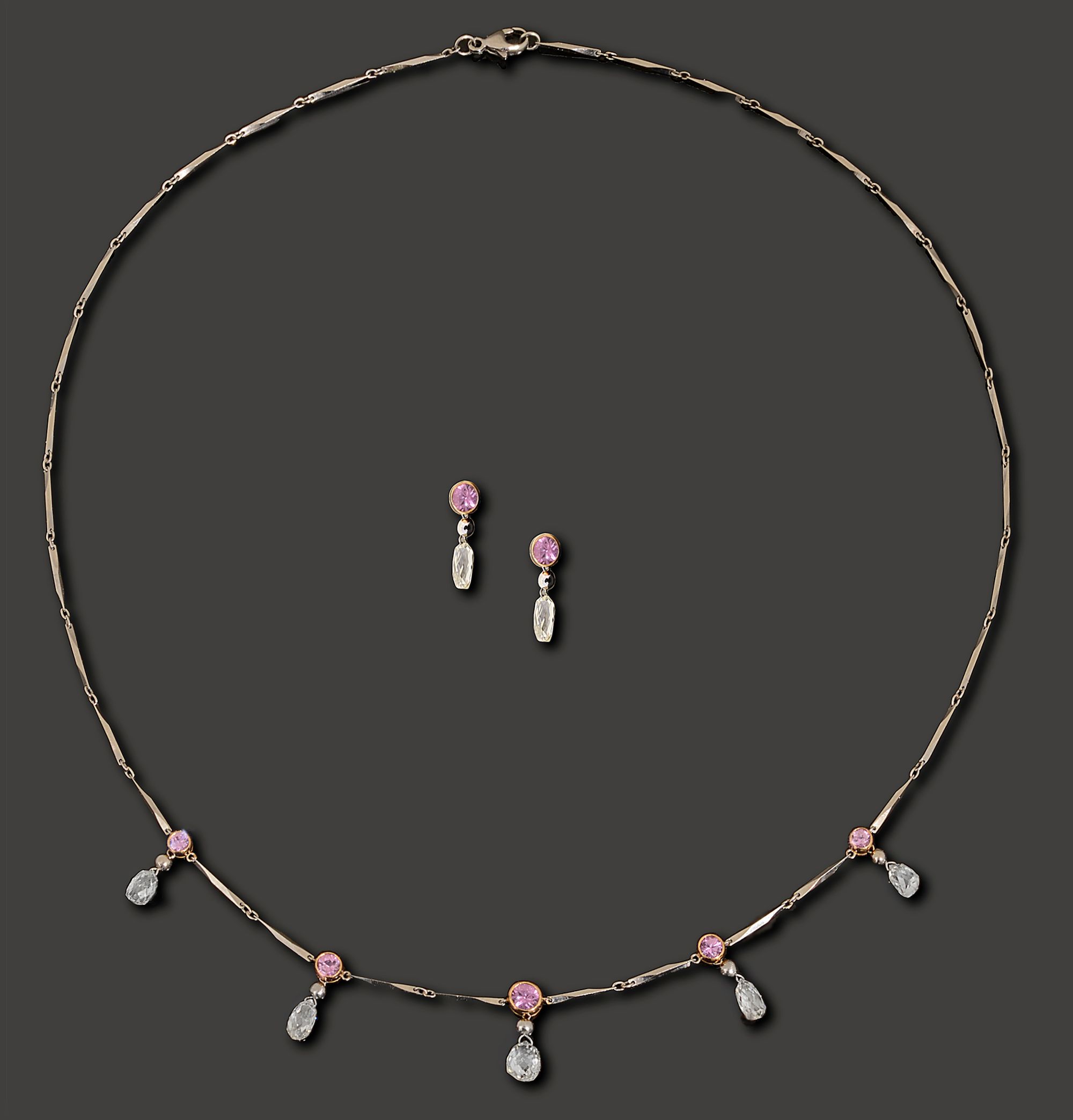 A diamond and pink sapphire necklace; a pair of matching earrings (2) - Image 2 of 5