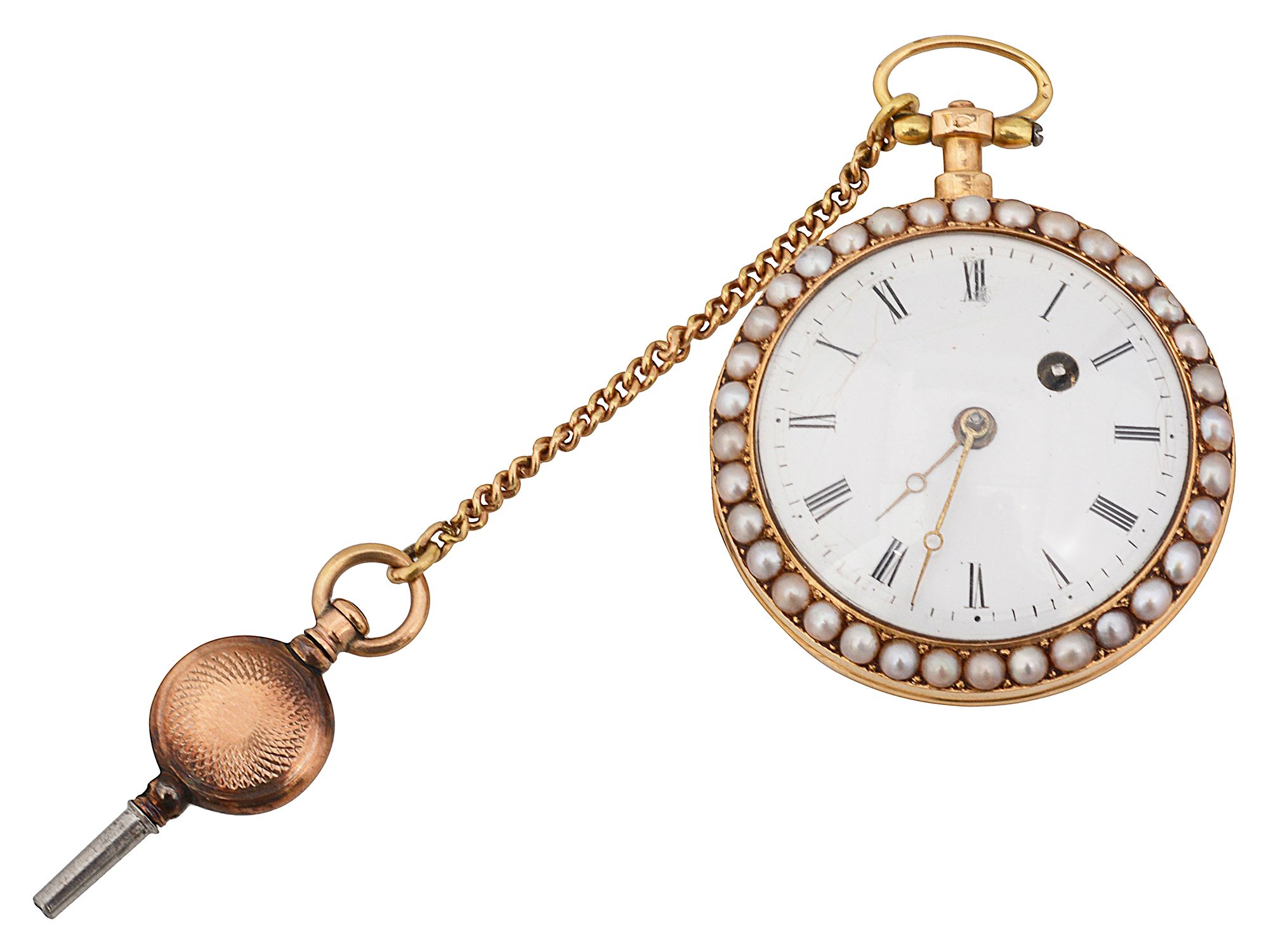 A lady's pearl set 18K open faced fob watch