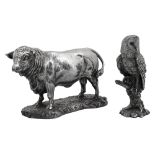 Two modern filled silver naturalistic figures of a bull and a barn owl
