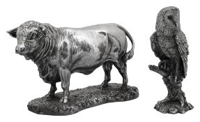 Two modern filled silver naturalistic figures of a bull and a barn owl
