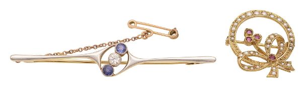 A sapphire and diamond three stone bar brooch, another brooch