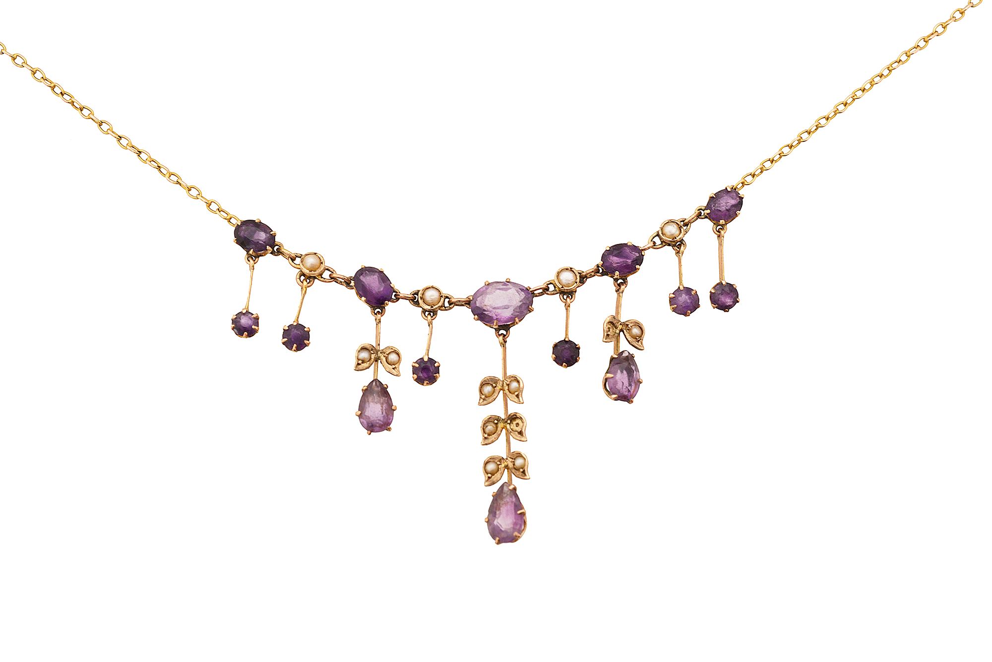 An Edwardian amethyst and seed pearl fringe necklace