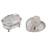 An Edwardian silver trinket box and silver mounted cut glass inkwell