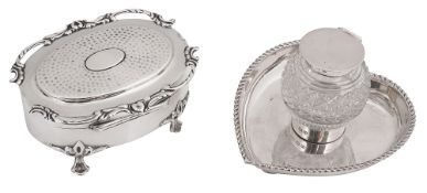 An Edwardian silver trinket box and silver mounted cut glass inkwell