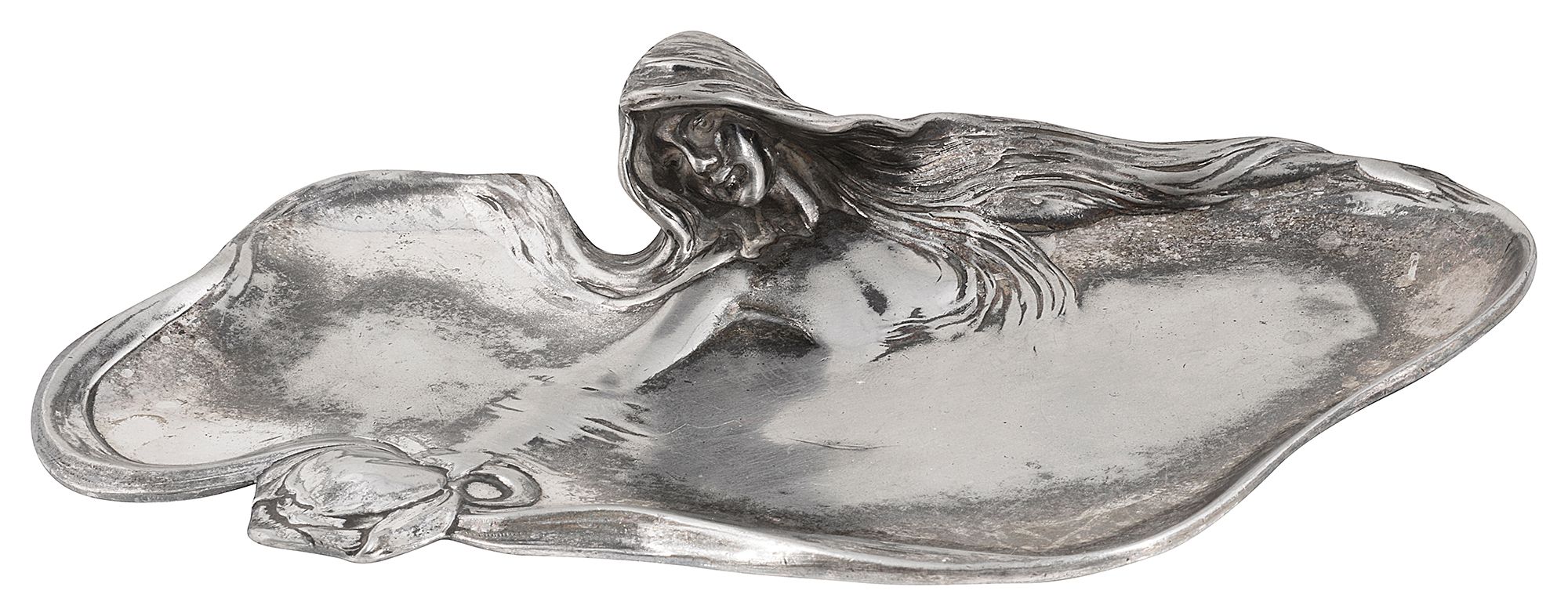 A continental Art Nouveau silver plated pewter figural card tray