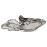 A continental Art Nouveau silver plated pewter figural card tray