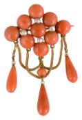 A Continental mid 19th century coral and pearl tassel brooch