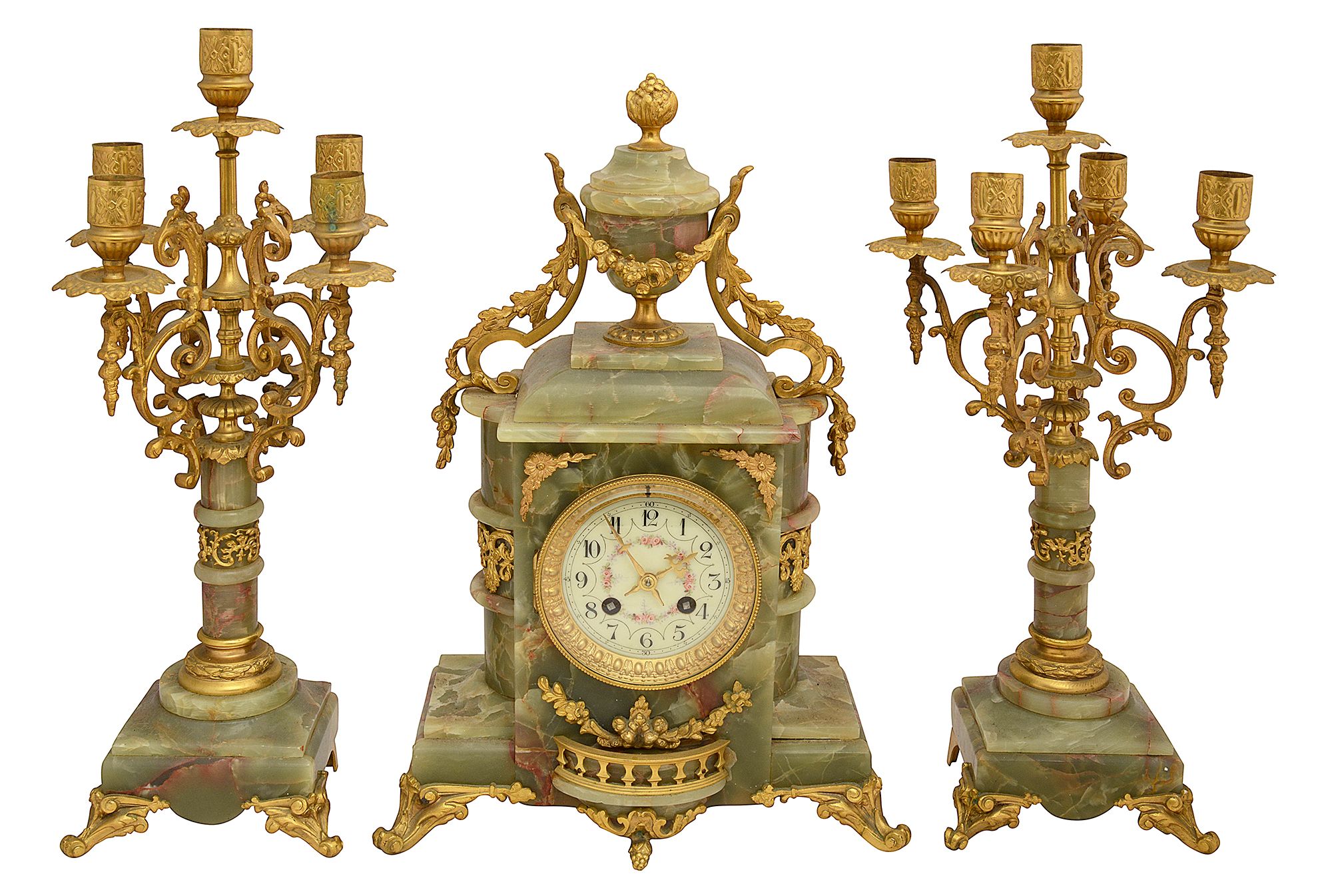 A green onyx and gilt metal three piece clock garniture